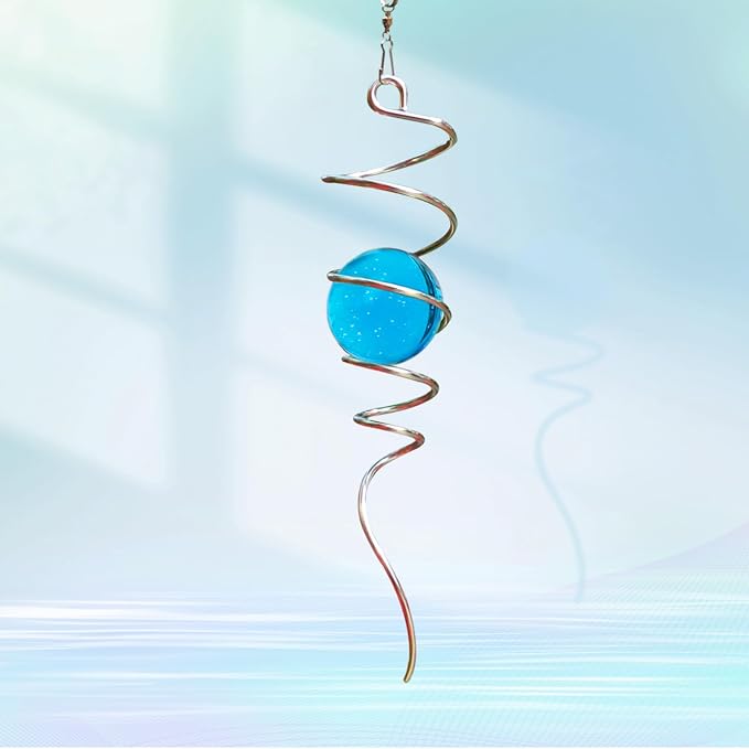 Gazing Ball Spiral Tail with 11inch Tail and 2inch Blue Glass Orb, Wind Spinner Stabilizer with Swivel Hook. Sun Catcher Rainbow Maker Hanging Decor for Garden Home Indoor Outdoor 13" H