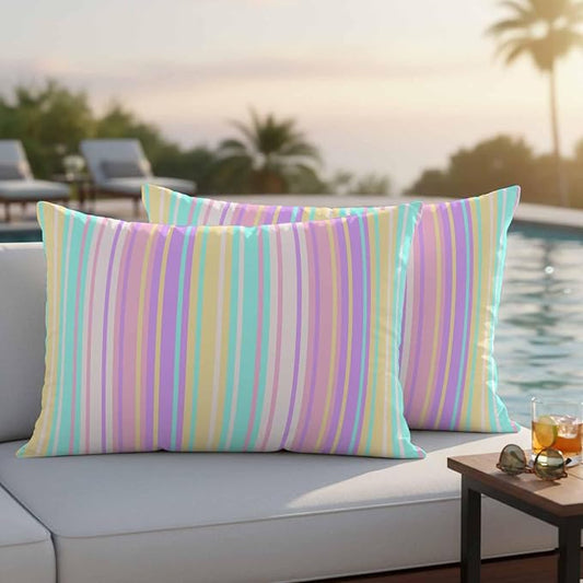Pink Aqua Stripes Outdoor Pillow Covers 20x12 Inch Lumbar Pillow Covers Set of 2 Waterproof Decorative Throw Pillow Cases Geometric Yellow Geometric Cushion Covers for Patio Furniture Garden Couch