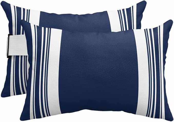 Outdoor Lumbar Pillow Set of 2, Farmhouse Navy Blue Waterproof Beach Headrest Pillow with Inserts, Aesthetic Modern Line Striped Recliner Throw Pillows for Patio Furniture, 11 x 16