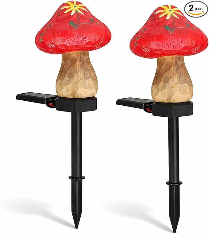 Solar Garden Lights Outdoor, 2 Pack Decorative Solar Mushroom Pathway Lights Waterproof, Resin Garden Lights for Yard Lawn Walkway Patio Decor