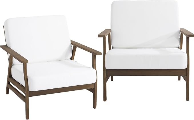 Wood Patio Chair Outdoor Bistro Set, 2 Piece Outdoor Armrest Chair All Weather Patio Sofa Furniture Backyard Conversation Sets with Cushions - Beige