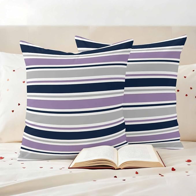 Purple Grey Striped Outdoor Pillow Cover 20x20 Inch Cushion Sham Case, Farmhouse Stripes Modern Abstract Art Waterproof Decorative Square Throw Pillowcase for Outside Garden Patio Porch Couch Chair
