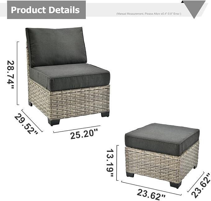 HOOOWOOO Outdoor Sectional Patio Furniture Set,3 Pieces Set with 1 Armless Wicker Chair and 2 Ottomans,Extra Deep Out Door Sofa Outside Furniture,Black