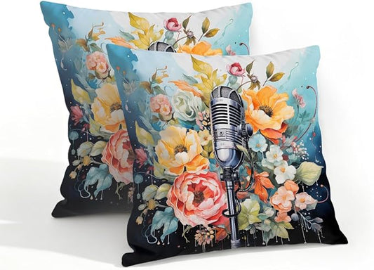 18x18 Inch Outdoor Pillow Covers Set of 2 Waterproof Throw Pillow Covers Decorative Couch Cushion Covers Microphone Floral Square Pillowcases Protectors for Patio Garden Sofa