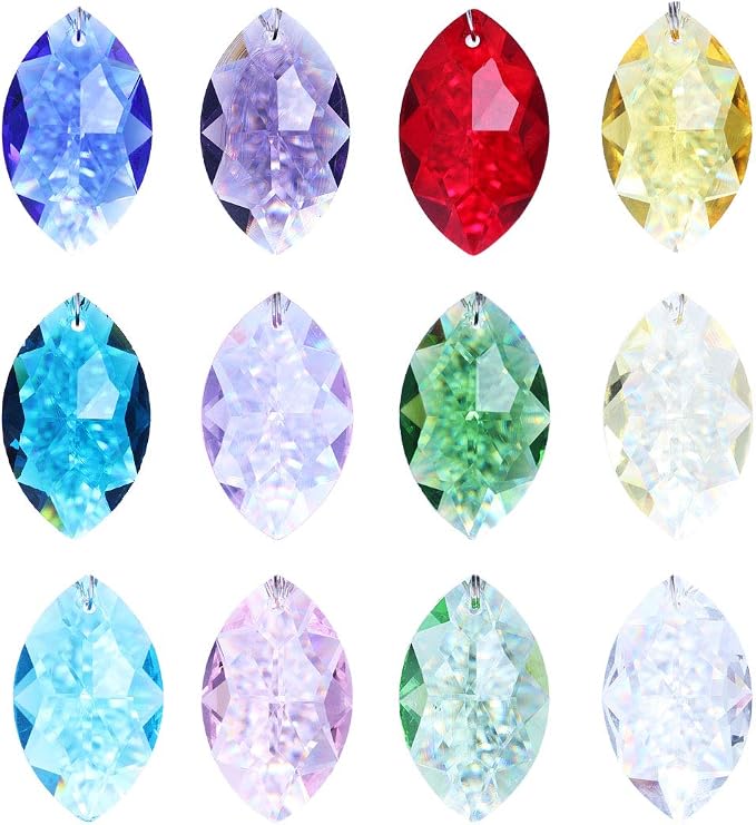 12 Pcs 38mm Multi-Color Crystal Horse Eye Prism Suncatcher Decor | Multi-Color Feng Shui Faceted Crystal Horse Eye Prism Suncatcher Pendant Set of 12 for Chandelier Window Garden Wedding Decor