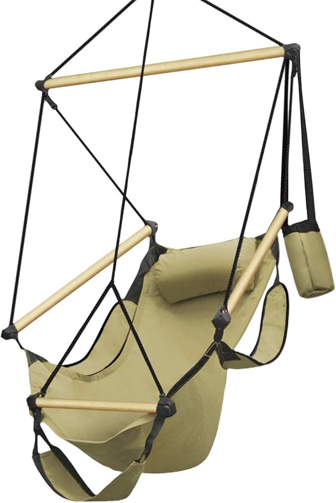 Flexzion Hanging Hammock Air Chair Swing Lounger (Tan) Footrest Armrest Pillow Boho Canvas Hamic Chairs for Outside Outdoor Indoor Patio Porch Upgraded 350lbs, Solid Wooden Dowels, Portable Bag