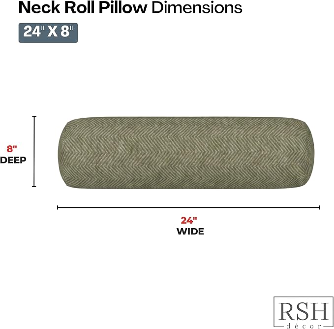 RSH DECOR: Sunbrella Neck Roll Pillows Set of 2 | 24” x 8” | Outdoor Bolster for Patio, Deck, Porch, or Poolside Chairs | Fade & Water-Resistant | Made in USA (Spirit Fern)