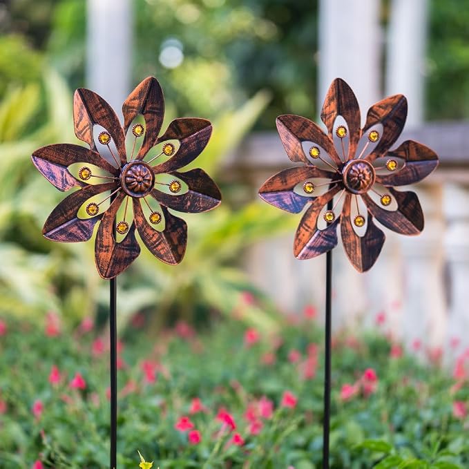 VEWOGARDEN 2 Pack Wind Spinners Outdoor, Metal Wind Spinner with Flower Design for Yard Garden Lawn Decorations, Antique Bronze