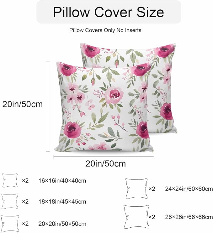 Vandarllin Outdoor Throw Pillows Covers 26x26 inch Set of 2 Waterproof Pink Flowers Decorative Zippered Cushion Covers for Patio Furniture, Floral Leaves Plant Lumbar Pillowcases