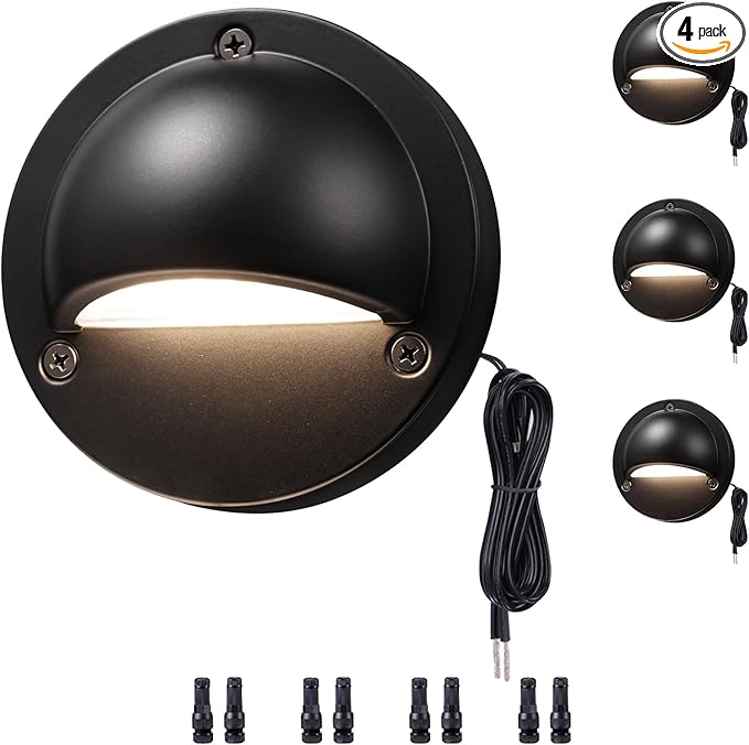 Low Voltage Landscape Deck Lights - 12V LED Outdoor Step Lights, Adjustable Warm White & Cool White, Waterproof Black Round Aluminum Lighting for Yard Wall Fence Railing 4 Pack