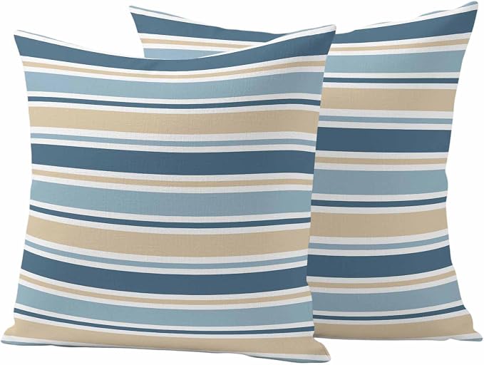 Khaki Blue Striped Outdoor Pillow Cover 16x16 Inch Cushion Sham Case, Farmhouse Stripes Modern Abstract Art Waterproof Decorative Square Throw Pillowcase for Outside Garden Patio Porch Couch Chair