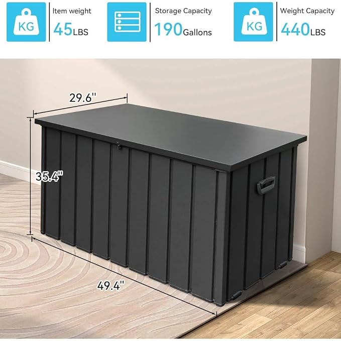 Large 120-Gallon Waterproof Outdoor Storage Box for Patio, Deck, or Poolside – Durable Weather-Resistant Design with Lockable Lid (190 Gallon (Dark Gray))
