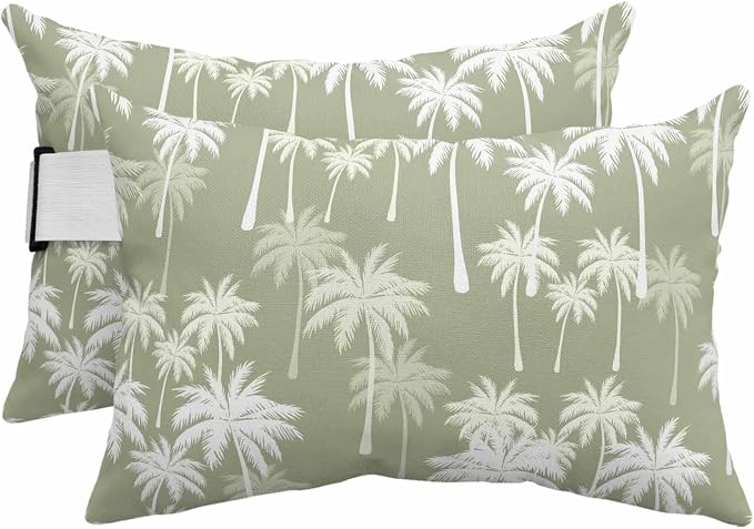 Tropical Palm Tree Outdoor Pillows for Chaise Lounge Chair Beach Headrest Pillow Set of 2 Waterproof Lumbar Pillows with Insert&Strap Sage Green Plants Coastal Leaf Beach Pool Pillow 11"x16"