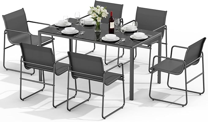 ONBRILL 7 Piece Patio Dining Set for 6, Modern Rectangular Glass Top Steel Table with 6 Breathable Textilene Chairs, Easy Assembly All-Weather Design for Lawn, Backyard, Poolside & Gatherings, Black