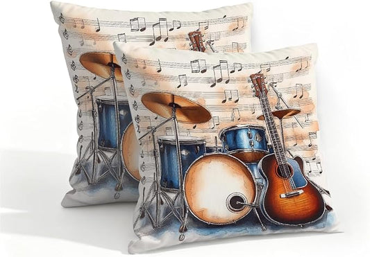 16x16 Inch Outdoor Pillow Covers Set of 2 Waterproof Throw Pillow Covers Decorative Couch Cushion Covers Music Guitar Drum Stand Square Pillowcases Protectors for Patio Garden Sofa
