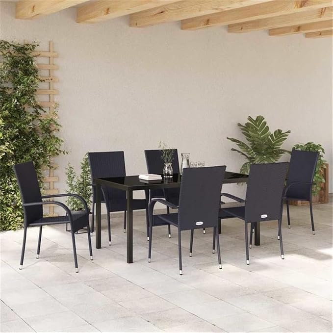 Afuera Living 7 Piece Poly Rattan Patio Dining Set, Black Finish, Powder-Coated Steel Frame, Seating for 6, Weather-Resistant Outdoor Furniture, Rectangular Design for Garden, Balcony, or Backyard Use