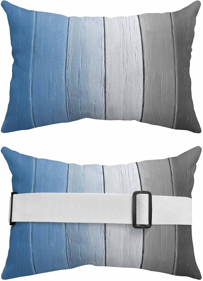 Blue Gray Ombre Outdoor Pillows for Chaise Lounge Chair Waterproof Lumbar Pillows with Insert&Adjustable Strap Beach Headrest Pillow Vintage Country Wooden Recliner Neck Pillow for Patio Pool 12"x20"