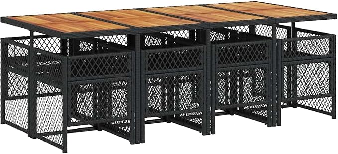9-Piece Garden Dining Set, Black PE Rattan Outdoor Table and 8 Chairs with Cream Cushions, Large Foldable Patio Furniture for Backyard, Terrace and Deck, Seats 8