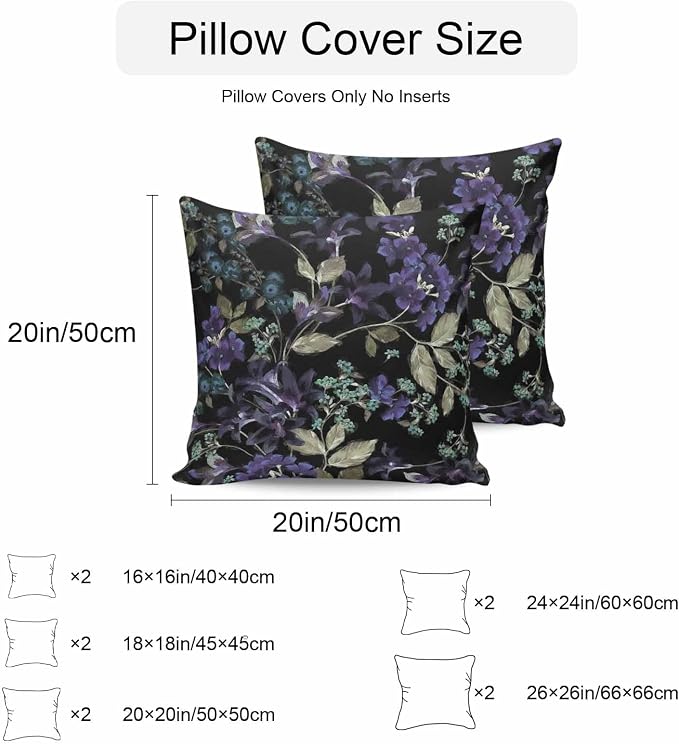 Purple Green Flower Leaf on Black Outdoor Pillow Covers 16x16in Pack of 2 Waterproof Pillowcase Retro Plant Oil Painting Decorative Throw Cushion Case for Patio Couch Sofa