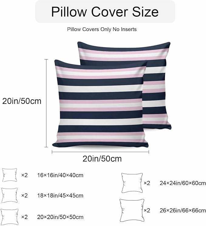 Pink Navy Blue Striped Waterproof Outdoor Pillow Covers Set of 2 Home Decor, Minimalist Abstract Lines Artwork Pillowcase Patio Pillow Covers for Couch Bench Furniture Garden 16x16in