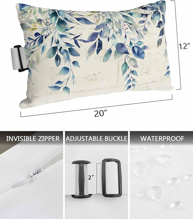 Lumbar Pillow Covers Set of 4, Blue Teal Eucalyptus Leaves Waterproof Outdoor Chaise Lounge Pillow Covers with Elastic Strap, Watercolor Vintage Botanical Headrest Pillowcase for Patio, 12 x 20