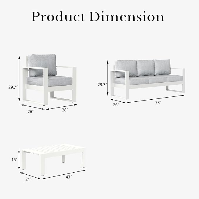 LayinSun 4 Pieces Aluminum Outdoor Patio Furniture Set, Metal Modern Conversation Sofa Set with Coffee Table and Washable Thick Cushions for Porch, Backyard, Deck