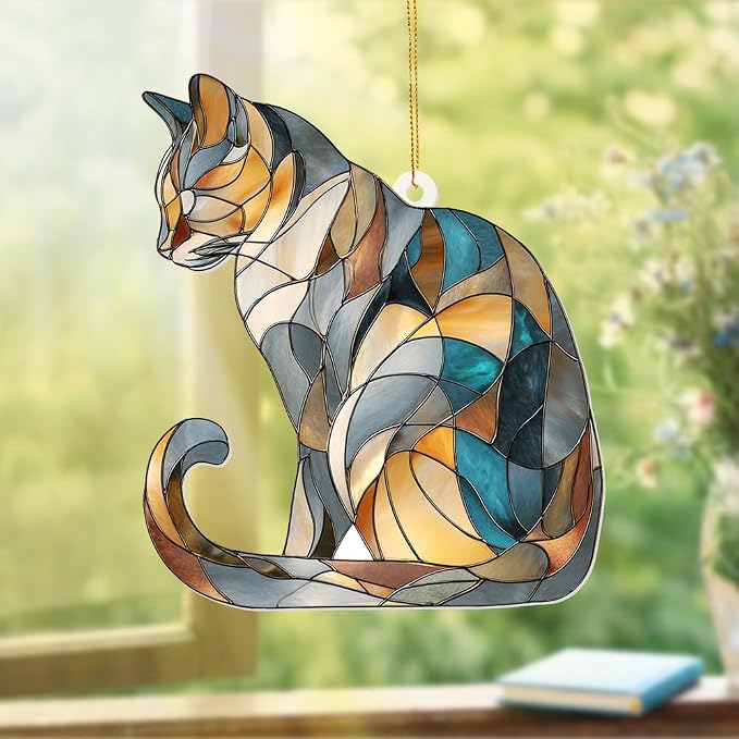 Stained Glass Cat Ornament – 2025 Christmas Tree Decoration, Handmade Animal Suncatcher for Window, for Cat Lovers & Unique Home Décor (Sun-03)