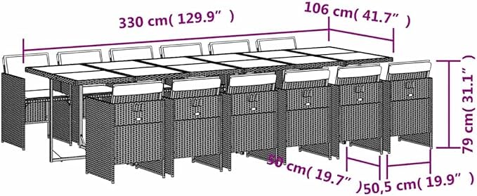 13-Piece Garden Dining Set for 12, Outdoor Rattan Patio Furniture with Large Rectangular Tempered Glass Table and Cushioned High Back Chairs, Black and Cream White
