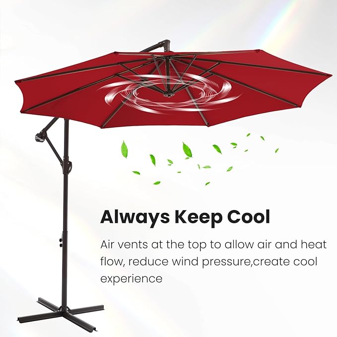 10FT Patio Umbrella, Outdoor Offset Cantilever Umbrella with Sturdy 8 Ribs, Easy Tilt Adjustment for Backyard Pool Garden,Red
