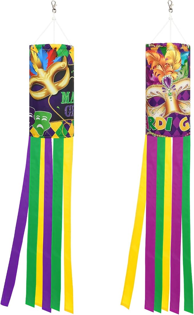 NOVWANG 2 Pieces Mardi Gras Wind Sock, 40 Inch Wind Socks Mardi Gras Outdoor Decorations Purple Green Yellow Holiday Windsock Flags for Yard Garden Home Party Hanging Decor
