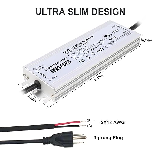 12V DC Power Supply 60W - Ultra Slim LED Driver Low Voltage Transformer with 3-Prong Plug & 3.3ft Cable, IP67 Waterproof for LED Strip Lights, Outdoor Lighting