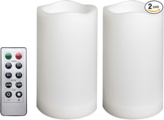 2 Pack Outdoor Flameless Pillar Candles with Remote and Timer Waterproof Battery Operated Electric LED Candle Set for Gift Home Décor Party Wedding Supplies Garden Christmas Decoration, 3” x 5”