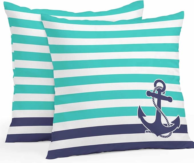 Throw Pillow Covers 20x20 Inch Set of 2, Anchor Turquoise Waterproof Outdoor Cushion Covers, Modern Navy Blue White Striped Nautical Decorative Pillowcases for Couch, Sofa, Bed, Garden, Patio