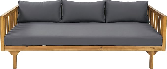 Christopher Knight Home Charm Patio Conversation Set, 3 Seater Acacia Wood Sofa, Spacious Seating Daybed, Wood Coffee Table, Round Side Table, Outdoor Furniture for Backyard Garden Rest, Dark Gray