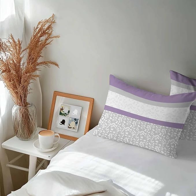 Purple Grey Stripe Stitching Outdoor Pillow Covers 20x12in Pack of 2 Waterproof Pillowcase Rustic Pastoral Flwoer Decorative Throw Cushion Case for Patio Couch Sofa