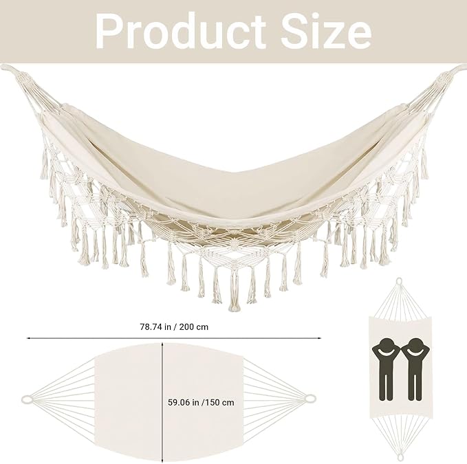 Bohemian White Double Canvas Hammock, Hand-Woven Tassel Boho Outdoor Hammock for Patio Balcony Garden, 2-Person Wedding Decoration, Supports 550 lbs