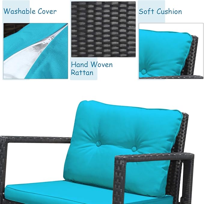 Tangkula 3 Pieces Patio Wicker Rocking Bistro Set, Outdoor Rocking Chair Furniture Set w/Cushioned Seat, Conversation Set w/Glass Coffee Table and Storage Shelf (Turquoise)