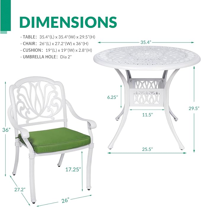 VIVIJASON 3-Piece Patio Bistro Sets, All-Weather Cast Aluminum Bistro Table Set Outdoor Patio Furniture, Include 2 Cushioned Chairs and 35.4" Round Table, 2" Umbrella Hole, White