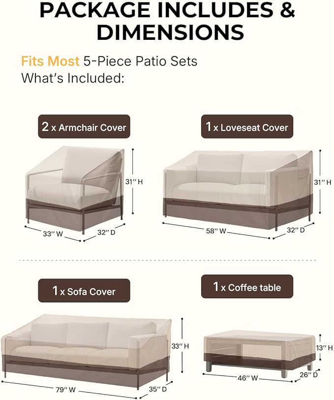 loriano Patio Furniture Cover Set, 5 Piece Outdoor Furniture Cover Waterproof, 600D Heavy Duty Lawn Patio Set Covers