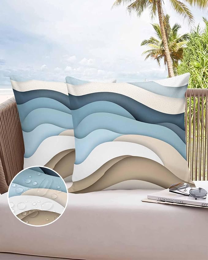 Pack of 2 Blue Brown Abstract Outdoor Pillow Waterproof Covers 16x16 inch, Gradient Water Ripple Polyester Throw Pillow Covers Garden Cushion Decorative Case for Patio Couch Decoration