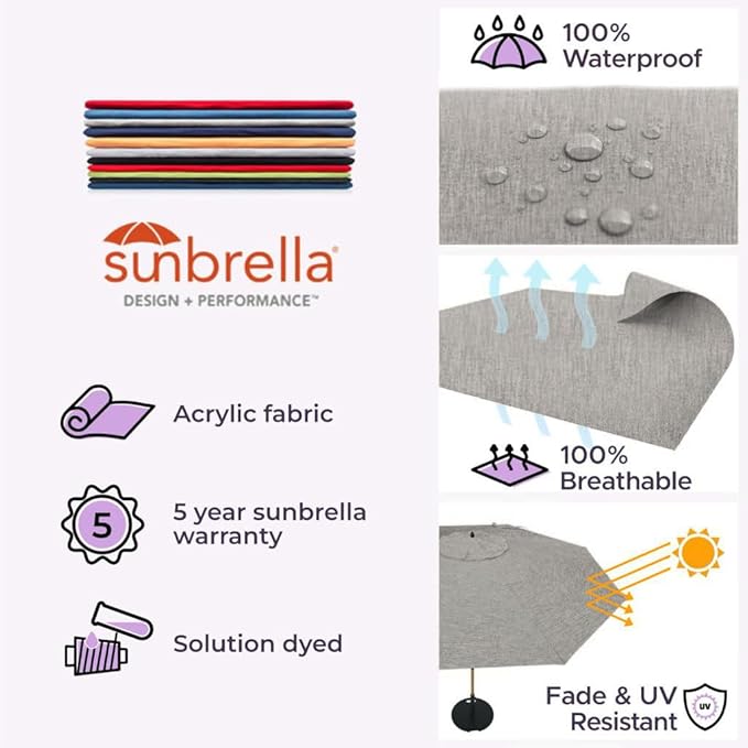 Midtown Umbrellas The LED Swilt 10 Feet Patio Umbrella With Sunbrella Cast Slate Acrylic Fabric - Auto-Tilt Aluminum Frame With LED Lights For Backyard, Deck, Garden, Pool - Black Pole