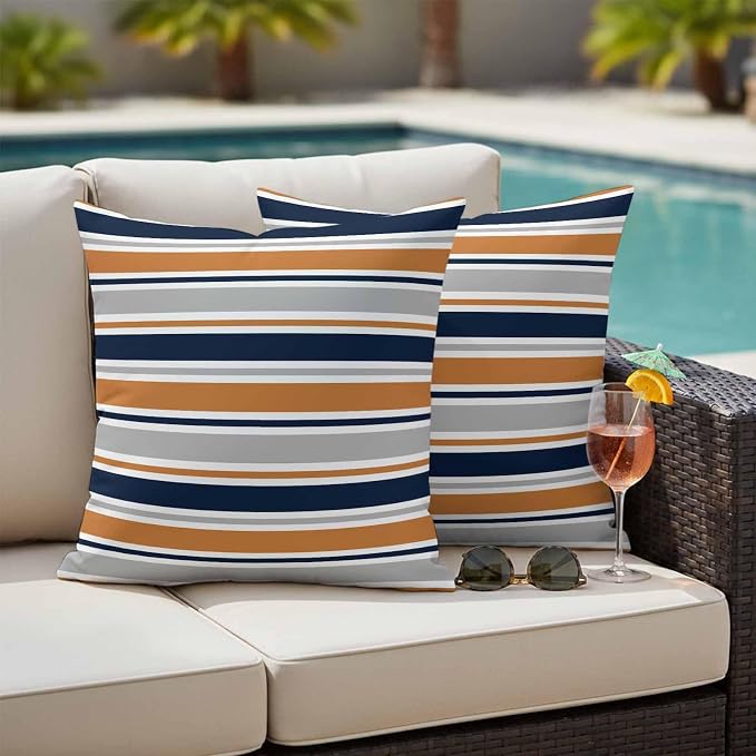 Orange Grey Striped Outdoor Pillow Cover 16x16 Inch Cushion Sham Case, Farmhouse Stripes Modern Abstract Art Waterproof Decorative Square Throw Pillowcase for Outside Garden Patio Porch Couch Chair