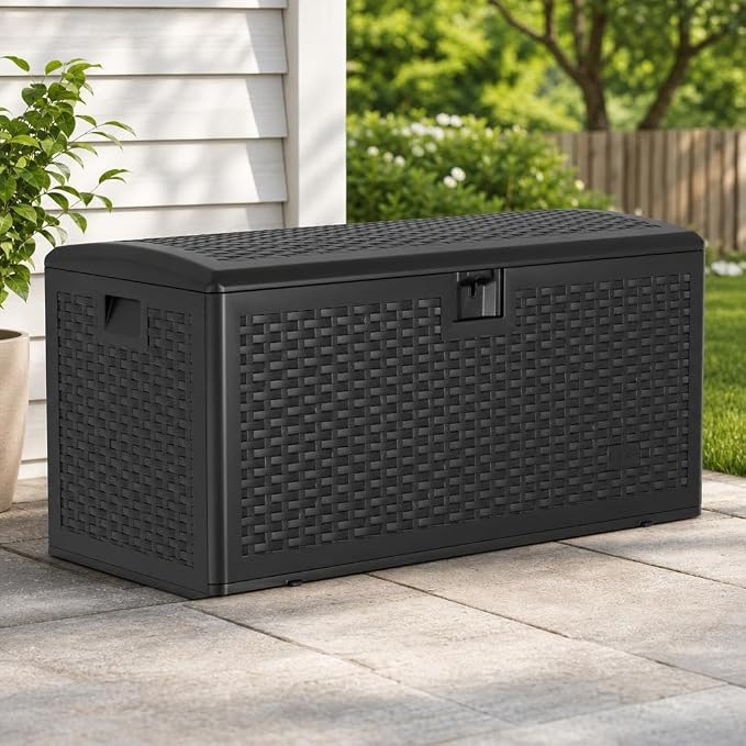 73 Gallon Lockable Outdoor Storage Bench Box, Waterproof & UV Resistant Patio Deck Container for Cushions, Pool Supplies & Yard Toys
