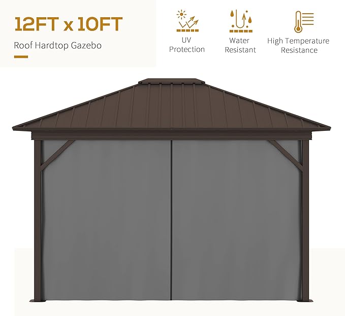 Outsunny 10' x 12' Hardtop Gazebo with Curtains and Netting, Permanent Pavilion Metal Single Roof Gazebo Canopy with Aluminum Frame and Hooks, for Garden, Patio, Backyard, Gray