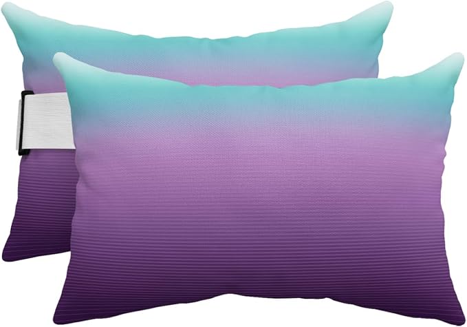 Outdoor Pillows Covers with Inserts Teal Turquoise Purple Ombre Stripe Line Gradient Waterproof Pillow with Adjustable Strap Throw Pillows for Patio Furniture Pool Lounge Chair, 11x16 Inch, 2PCS