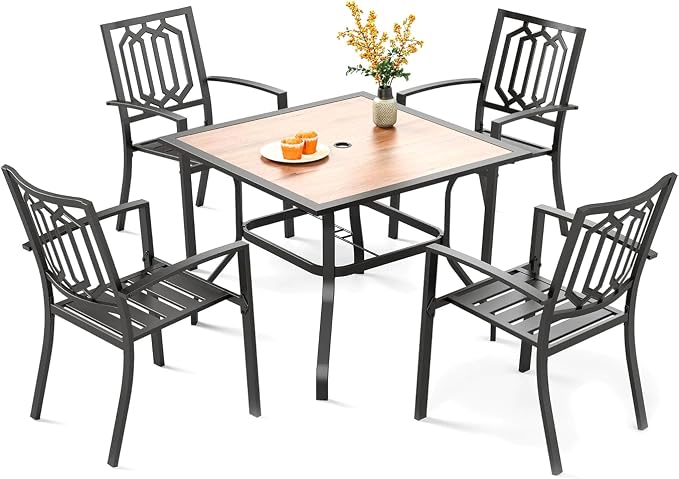 PHI VILLA 5 Pcs Patio Dining Set for 4, 37" Square Wood-Like Table | 37" Square Metal Table with Polywood Top & Stacking Wrought Iron Chairs, Outside Furniture for Patio, Deck, Yard, Porch