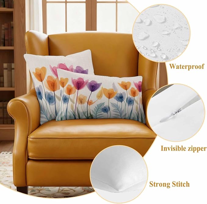 Spring Outdoor Waterproof Throw Pillow Covers Set of 2, 24"x24", Floral Cartoon Multicolor Tulips Leaf Retro Decorative Pillow Covers Outside Cushion Case for Patio Porch Garden