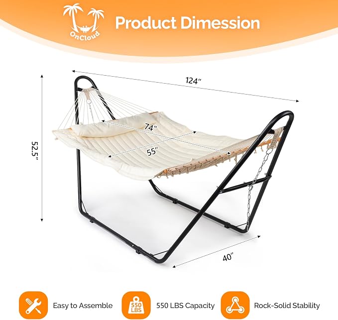 ONCLOUD Hammock with Stand, Double-Barrel Hammock with Hammock Bed, Heavy Duty Adjustable Hammock Set for Outdoors, Patio, Yard, Garden, 550 LBS (Beige)