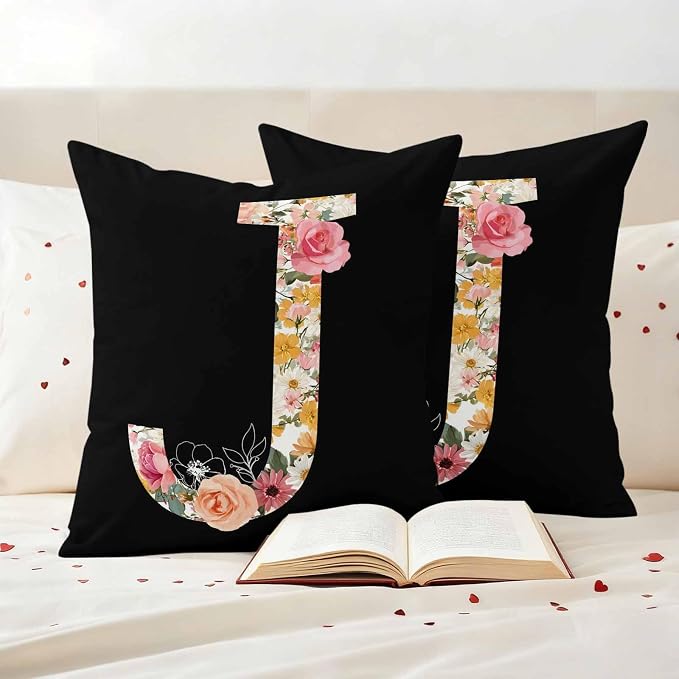 Black Letter J Flower Outdoor Pillow Covers Set of 2 Watercolor Alphabet J Pink Beige Floral Leaf Waterproof Throw Pillow Cover Decorative Cushion Cases for Patio Porch Garden 26X26 Inch