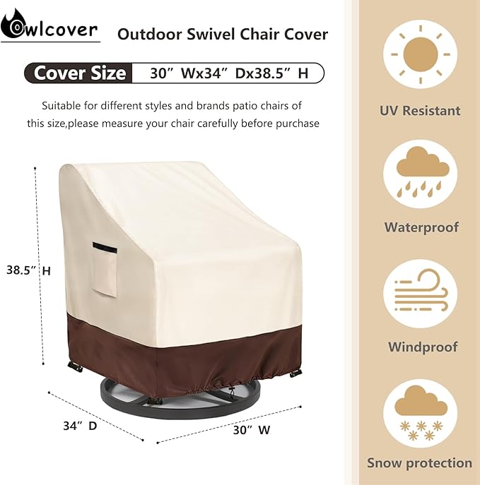 Outdoor Swivel Chair Covers 2 Pack, 30 W x 34 D x 38.5 H Inches, 600D Heavy Duty Waterproof Patio Chair Cover, Outdoor Furniture Covers for Lawn/Garden Chiars, Lvory&Brown
